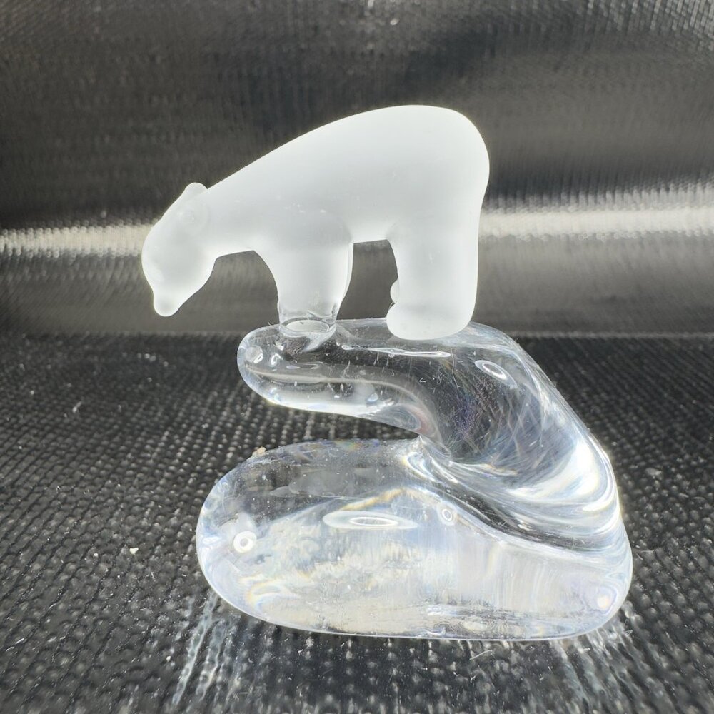 Vintage 1980s Clear Frosted Glass Bear on a Wave Figurine Small Glass‎ Decor VTG